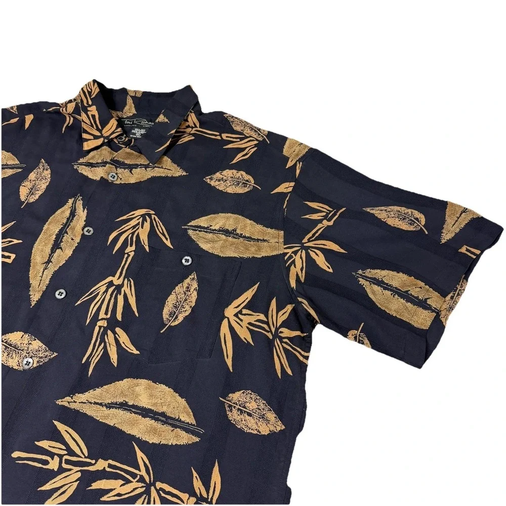 Tori Richard Silk‎ Hawaiian Shirt Black Tan Leaf Print Camp Collar XL Men